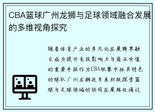CBA篮球广州龙狮与足球领域融合发展的多维视角探究