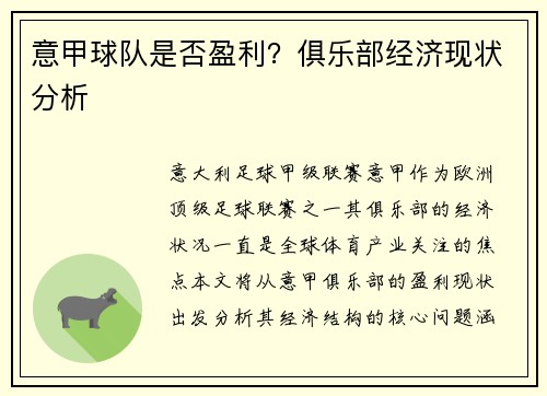 意甲球队是否盈利？俱乐部经济现状分析
