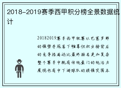 2018-2019赛季西甲积分榜全景数据统计