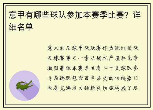意甲有哪些球队参加本赛季比赛？详细名单